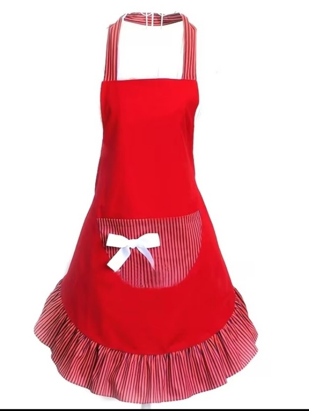 Red Ruffled Apron with Striped Pocket and Bow